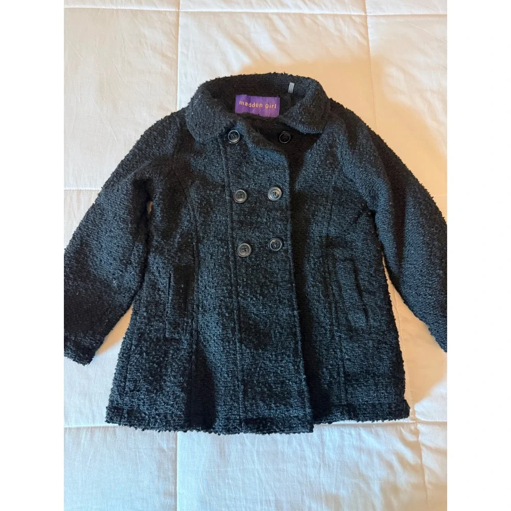 Madden Girl Kids Black Boucle Pea Coat Double Breasted Fleece Lined JacketSize 5